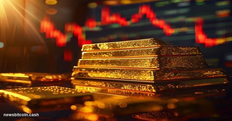 A cinematic photorealistic editorial photograph of a close-up arrangement of gold bullion bars stacked in dramatic foreground