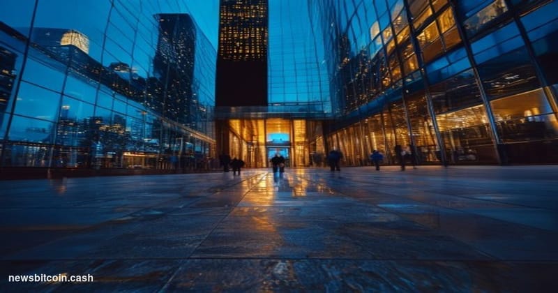 Cinematic photorealistic editorial photograph shot from a low angle at dusk, looking up at the glass and steel facade of Gold