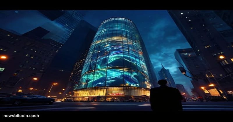 Cinematic photorealistic editorial photograph of the Nasdaq MarketSite tower in Times Square, New York City, shot from a low 