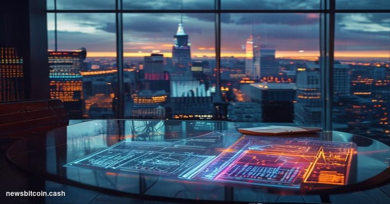 Cinematic photorealistic editorial photograph set inside a high-end financial research office at dusk, dramatic amber and blu