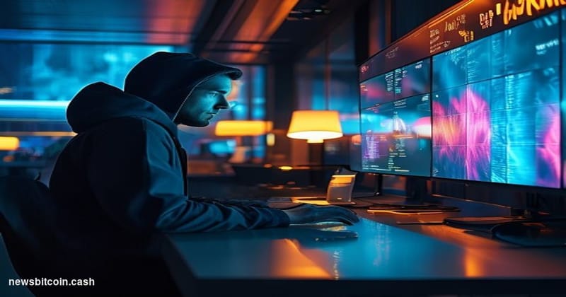 Cinematic photorealistic editorial photograph of a sleek, dimly lit trading floor environment with a large curved monitor dis