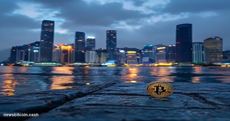 Cinematic photorealistic editorial photograph set at the Hong Kong skyline at dusk, with the distinctive glass-and-steel towe