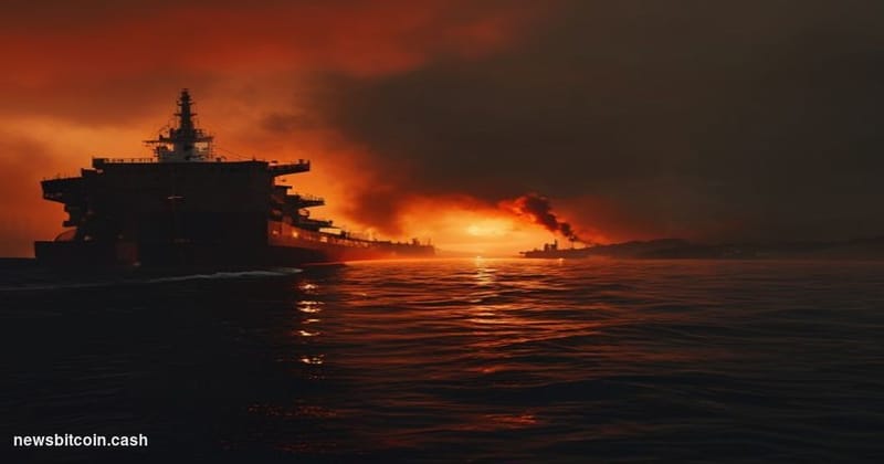 Cinematic photorealistic editorial photograph of an oil tanker navigating a narrow, haze-filled strait at dusk, with dramatic
