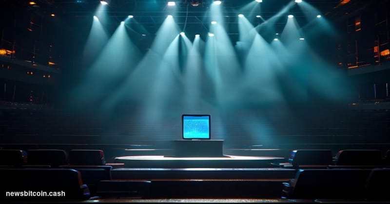Cinematic photorealistic editorial photograph of a large conference stage with a single spotlight illuminating a podium beari
