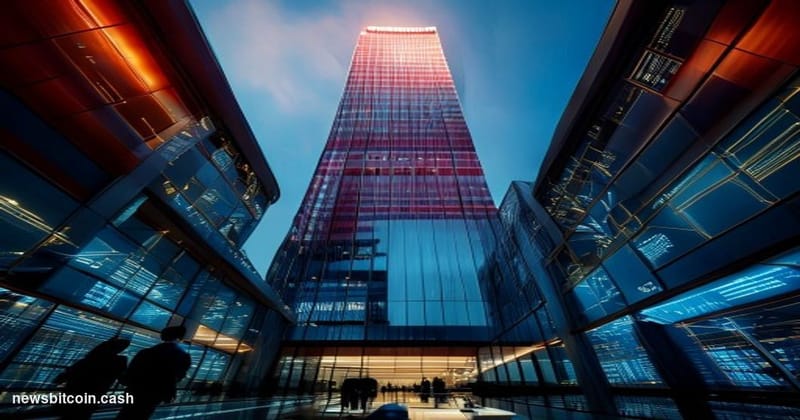 Cinematic photorealistic editorial photograph of HSBC's iconic Hong Kong headquarters tower shot from below at a dramatic upw