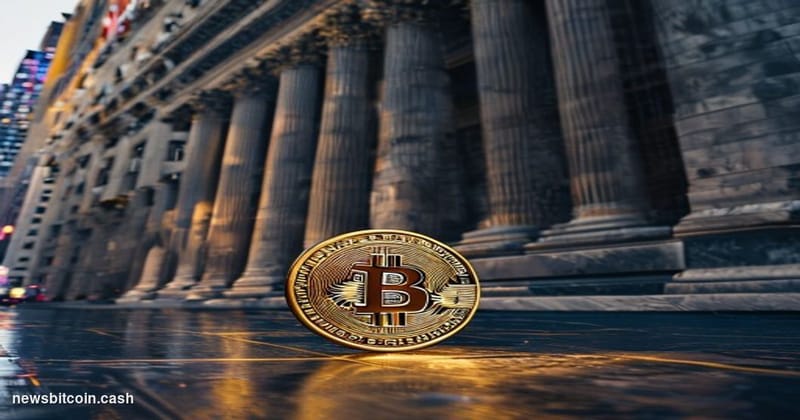 Cinematic photorealistic editorial photograph of the New York Stock Exchange's iconic neoclassical facade on Wall Street, cap