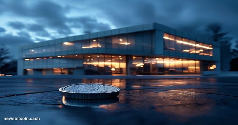 Cinematic photorealistic editorial photograph of an IBM quantum computing research facility exterior at dusk, with the iconic