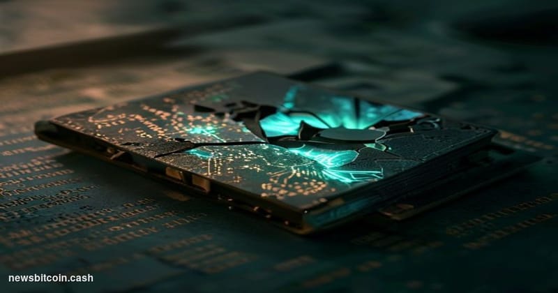 Cinematic photorealistic editorial photograph of a cracked open hardware crypto wallet device resting on a dark matte surface
