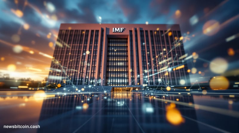 Cinematic photorealistic editorial photograph of the International Monetary Fund headquarters building in Washington D.C., th