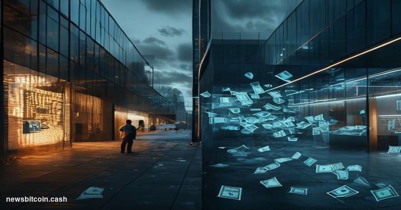 A cinematic photorealistic editorial photograph set in a grand institutional financial environment reminiscent of the IMF hea