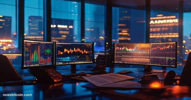 Cinematic photorealistic editorial photograph of a Bitcoin trader's workstation bathed in deep amber and blue light, multiple