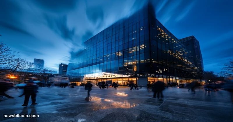 Cinematic photorealistic editorial photograph of the Interactive Brokers headquarters building exterior in Greenwich, Connect