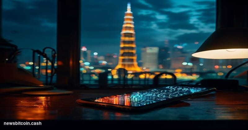 Cinematic photorealistic editorial photograph set in Bangkok, Thailand at night, with the distinctive illuminated skyline vis