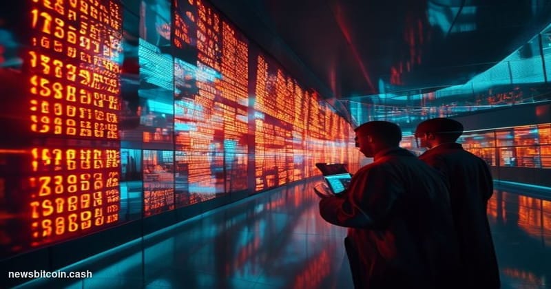 Cinematic photorealistic editorial photograph of a trading floor environment with two large digital ticker screens prominentl