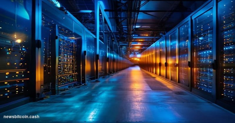 Cinematic photorealistic editorial photograph of a large-scale bitcoin mining facility interior transitioning into an AI data