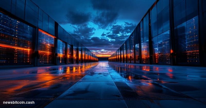 Cinematic photorealistic editorial photograph of a large-scale data center facility at dusk, rows of high-density GPU server 