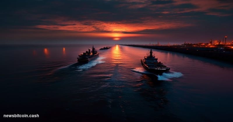 Cinematic photorealistic editorial photograph of the Strait of Hormuz at dusk, shot from a low aerial angle looking westward 