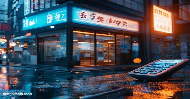Cinematic photorealistic editorial photograph of a Lawson convenience store in Tokyo, Japan, shot at dusk with warm interior 
