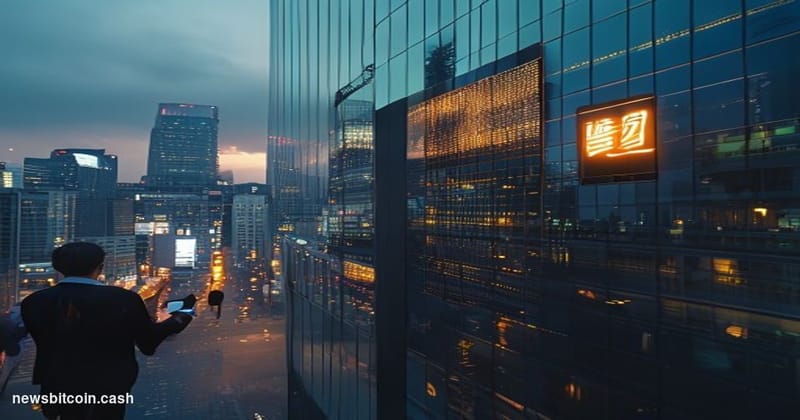 Cinematic photorealistic editorial photograph of the Tokyo financial district at dusk, with the illuminated skyline of Shinju