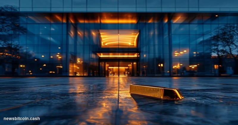 Cinematic photorealistic editorial photograph of a JPMorgan Chase bank headquarters exterior shot at dusk, the building's gla