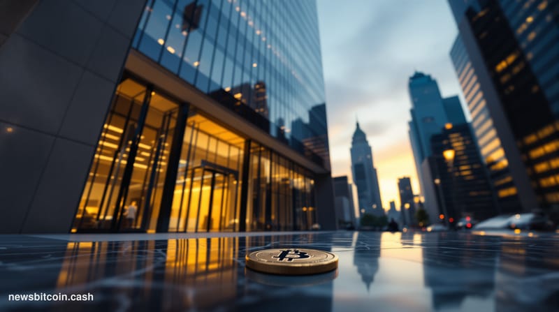 Cinematic photorealistic editorial photograph of JPMorgan's Manhattan headquarters tower at dusk, shot from a low angle looki