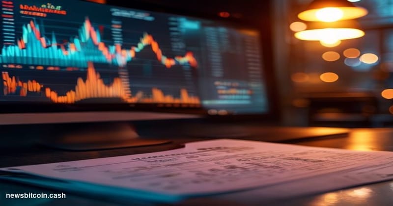 Cinematic photorealistic editorial photograph of a close-up trading terminal screen displaying Bitcoin price charts spiking u