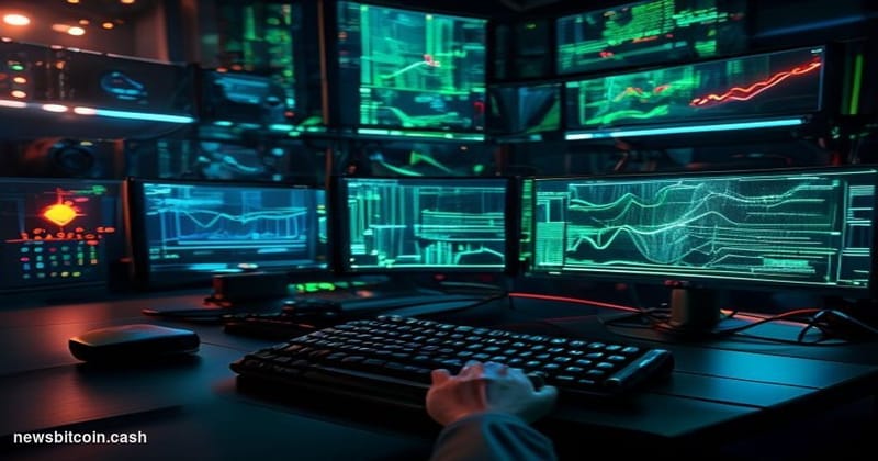 A cinematic photorealistic editorial photograph set in a dimly lit cybersecurity operations center, with multiple curved moni