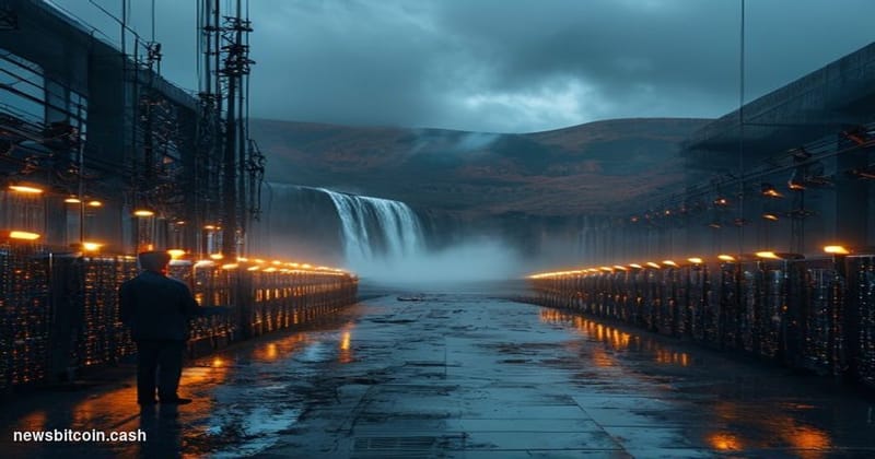 Cinematic photorealistic editorial photograph of a large-scale cryptocurrency mining facility set against the sweeping steppe