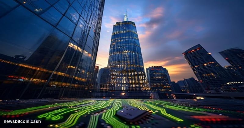 Cinematic photorealistic editorial photograph shot from a low angle looking up at a gleaming Shanghai financial district towe
