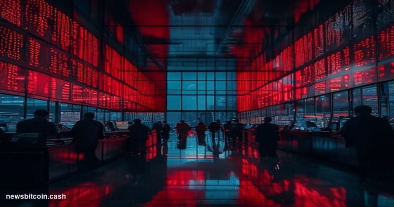 Cinematic photorealistic editorial photograph of the Korea Exchange trading floor in Seoul, South Korea, shot from a low angl