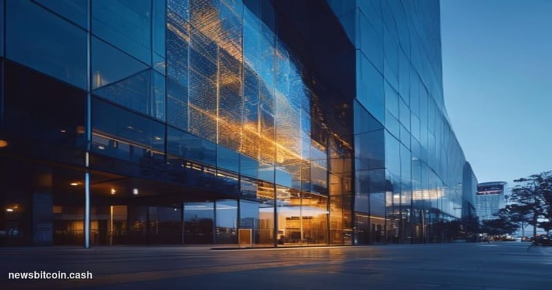 Cinematic photorealistic editorial photograph of Kraken's San Francisco headquarters exterior at dusk, dramatic side-lighting