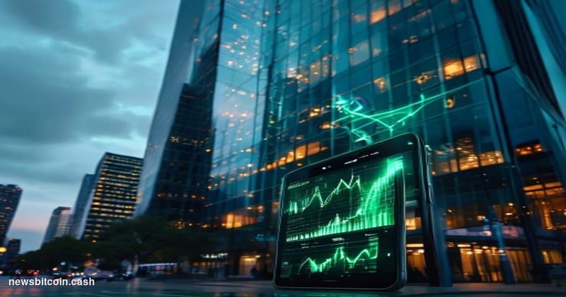 Cinematic photorealistic editorial photograph shot at a low angle looking up at a Kraken exchange office building exterior in