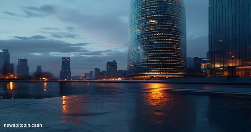 Cinematic photorealistic editorial photograph of the European Central Bank's iconic Frankfurt headquarters — the striking tow