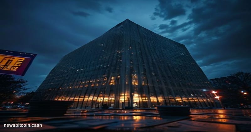 Cinematic photorealistic editorial photograph of the European Central Bank's iconic tower headquarters in Frankfurt, Germany,