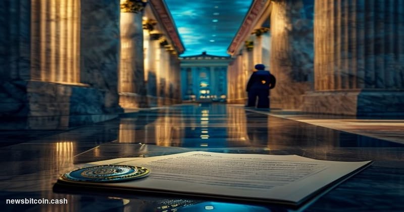 A cinematic photorealistic editorial photograph of a formal government corridor in Washington D.C., shot from a low angle loo