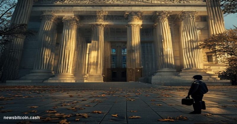 Cinematic photorealistic editorial photograph shot at low angle looking up at the grand marble facade of a federal government