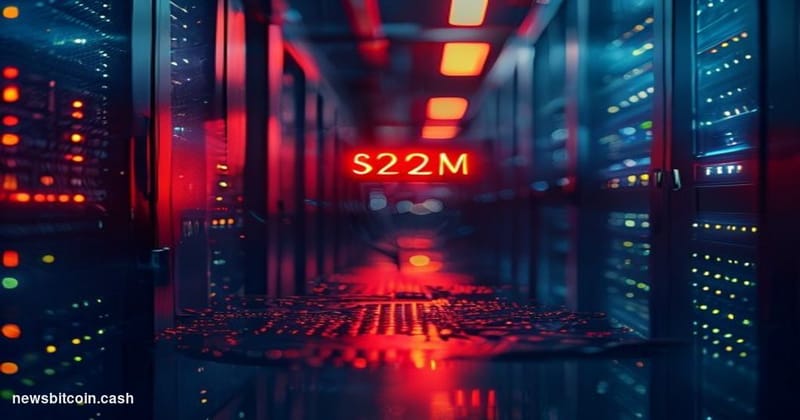 Cinematic photorealistic editorial photograph of a fractured fiber-optic data cable suspended between two server racks in a d