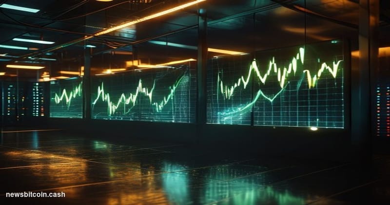 Cinematic photorealistic editorial photograph of three illuminated digital price ticker screens mounted on a dark trading flo