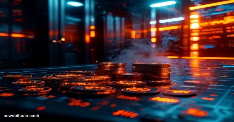 Cinematic photorealistic editorial photograph of a sleek, dark trading terminal environment with glowing amber and blue scree