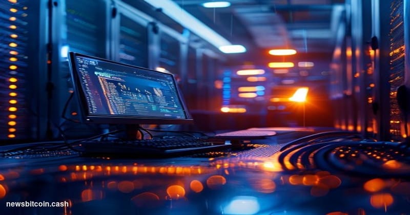 Cinematic photorealistic editorial photograph of a dimly lit, high-tech server room bathed in deep blue and amber tones, with