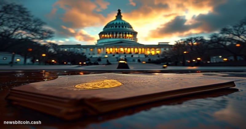 A cinematic photorealistic editorial photograph of the United States Capitol building at dusk, shot from a low angle with dra