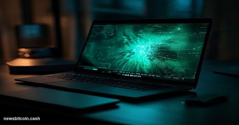 A cinematic photorealistic editorial photograph of a sleek MacBook Pro laptop open on a dark desk, its glowing screen display