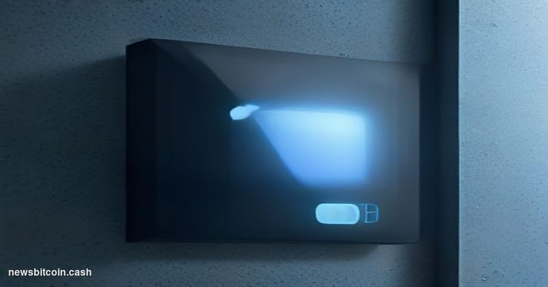 Cinematic photorealistic editorial photograph of a Coldcard Mk4 hardware wallet device resting on a dark matte surface, bathe