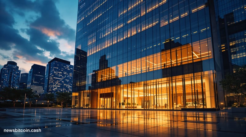 Cinematic photorealistic editorial photograph of Metaplanet's Tokyo corporate headquarters at dusk, shot from a low angle loo