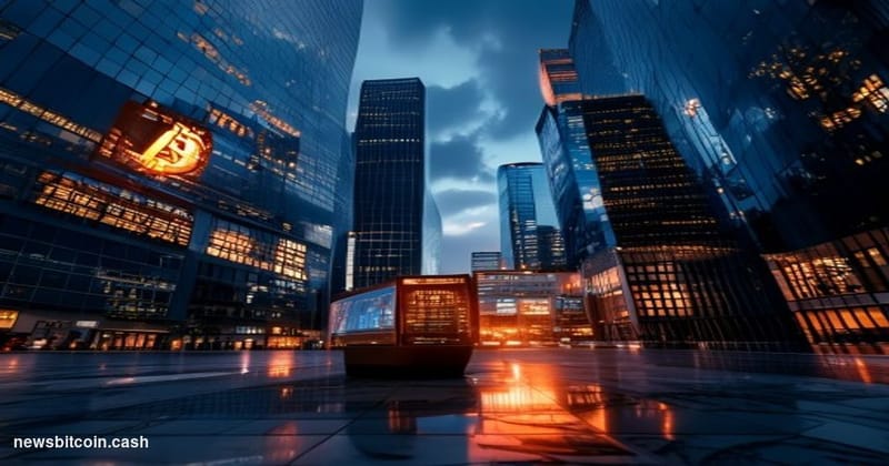 Cinematic photorealistic editorial photograph of the Tokyo financial district at dusk, shot from street level looking up at g