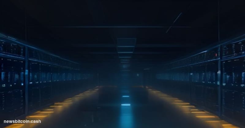 Cinematic photorealistic editorial photograph of a high-tech server room bathed in deep blue and amber emergency lighting, wi