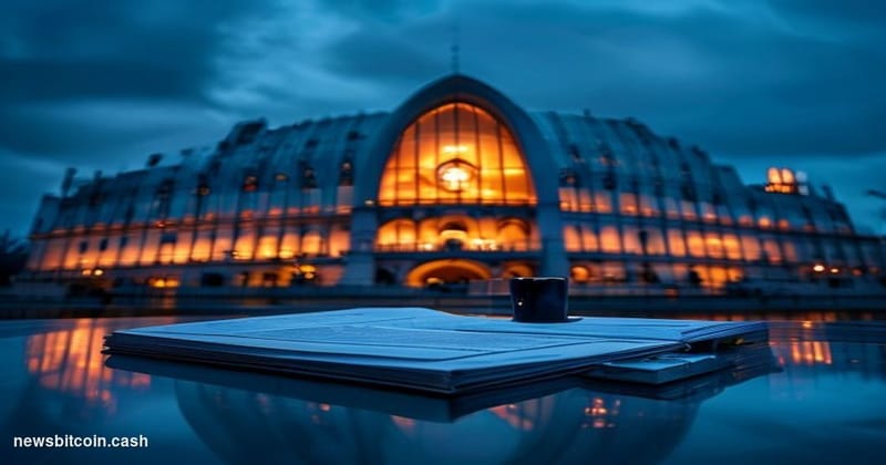 Cinematic photorealistic editorial photograph of the European Parliament building in Strasbourg, France, shot at dusk from a 