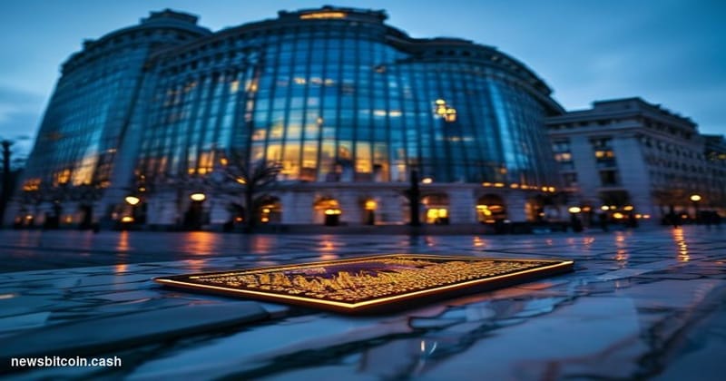 Cinematic photorealistic editorial photograph of a grand European financial district at dusk — specifically evoking Frankfurt