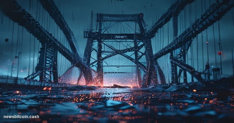 Cinematic photorealistic editorial photograph of a cracked digital bridge structure rendered as physical infrastructure — a d