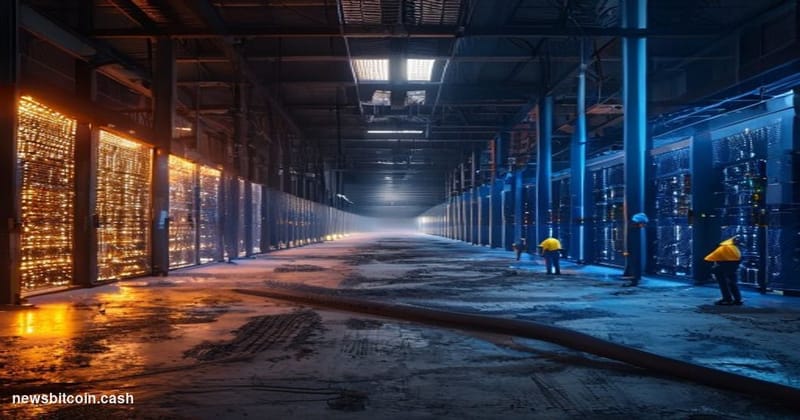 A cinematic photorealistic editorial photograph of a large-scale bitcoin mining facility being physically transformed — one h